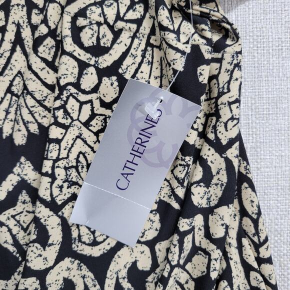 Catherine's Womens Dress Size 0X Black Tan Paisley Print Beaded 3/4 Sleeve NEW - Picture 3 of 12